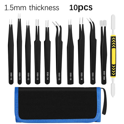 Precision ESD Anti-Static Tweezers Tool 6-10pcs Stainless Steel, 1.5MM Thick, for Electronics Repair Craft Modeling DIY Nail Art