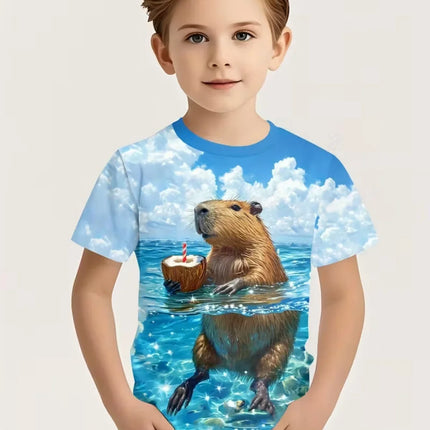 Cute Capybara Boy Clothes Cartoon Graphic Short Sleeve Tee Boy Child T-Shirt Summer Loose Top Fashion Kids Clothes Boys Clothing