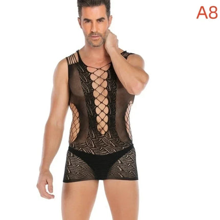 Men's Black Sexy Fishnet Body Stockings Plus Size Male Erotic Underwear Exotic Open Crotchless One-pieces Body suits for Man