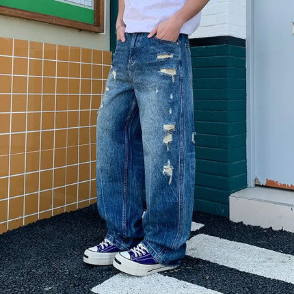 2026 Men's Wide-Leg Jeans New Retro Trendy Distressed Ripped Loose Jeans