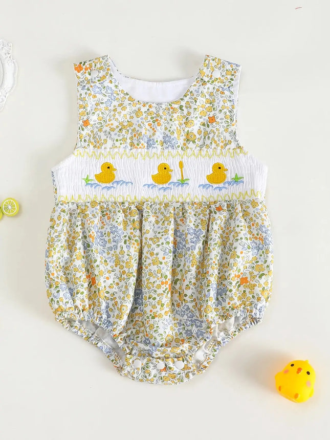 Cute Duck Embroidered Pattern Baby Girl Romper Sleeveless Jumpsuit Infant Clothing Comfortable Soft Fabric Baby Clothes