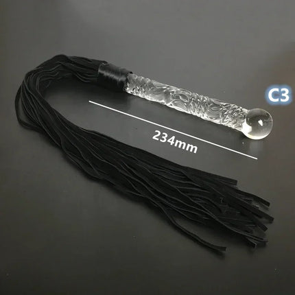 Real Leather Flogger & Glass Whip Set - Crystal Dildo, G-spot Anal Beads, Restraints for Adult BDSM Sex Games