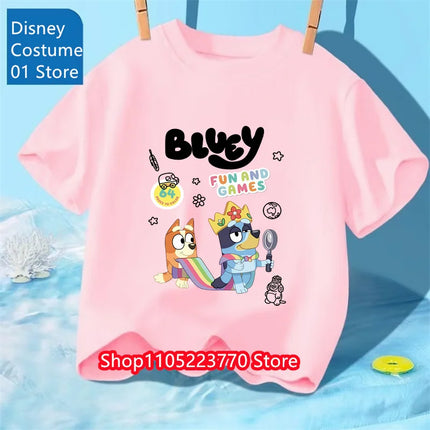 Autumn Winter Bluey Short Sleeve T-Shirt Kids Printed Top Soft Cartoon Tee Comfortable for Boys Girls