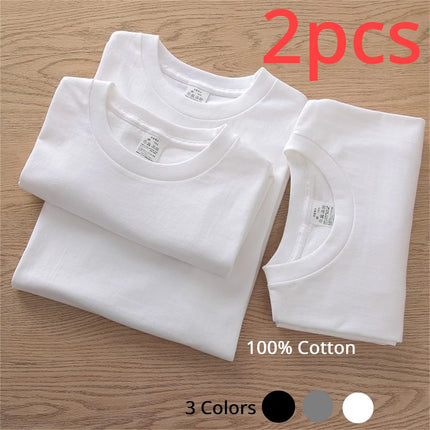 2PCS 100% Cotton Solid T-Shirts Men's and Women's Short Sleeve White Tees Casual Breathable Loose Round Neck T-shirt Couple Tops