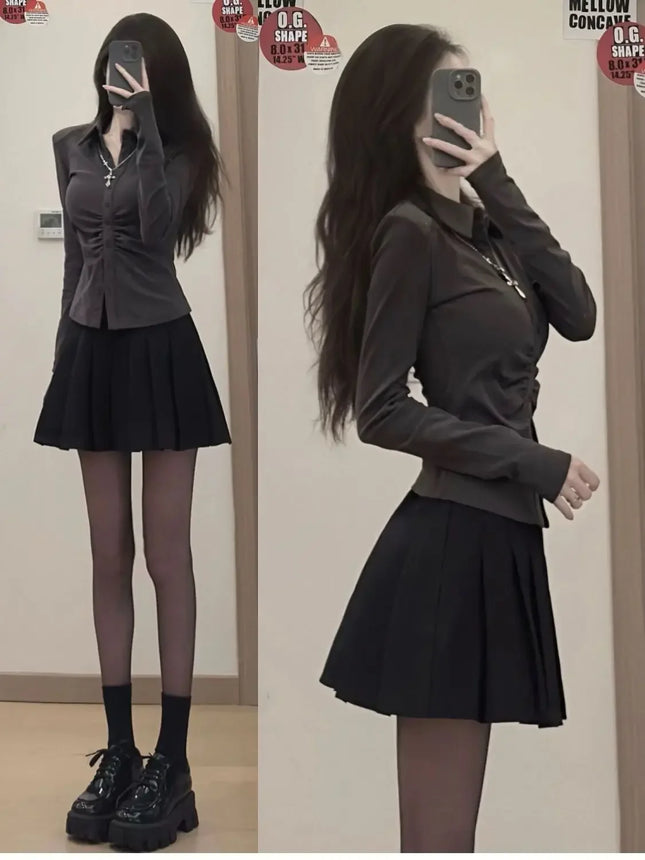 Pure Desire Style Women's Uniform Set Spring Summer Slim Fit Shirt High Waist Pleated Skirt Two Piece Trendy Hot Girl Outfit