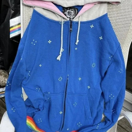 Y2K Streetwear Vintage Blue Rainbow Cat Ear Zip Up Hoodie Oversized Cotton Urban Hip Hop Fashion Casual Unisex