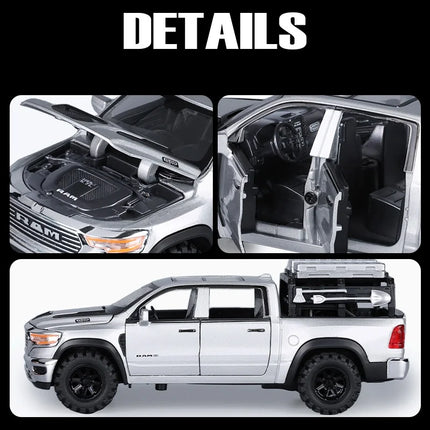 1/32 Dodge RAM 1500 Pickup Toy Car Miniature Diecast Metal Off Road Vehicle Model Pull Back Sound Light Collection Gift Boy