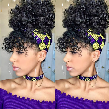 Afro Puff Drawstring Ponytail with Bangs Pineapple Updo Hair for Black Women, Short Kinky Curly Synthetic Ponytail Bun
