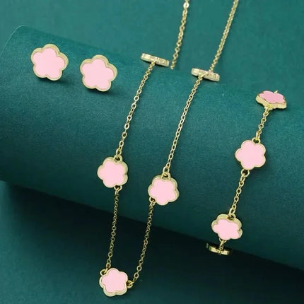 New Lucky Five-petal Flower Five-leaf Clover Earrings Necklace Two-piece set for Woman Fashionable Accessories Party Jewelry