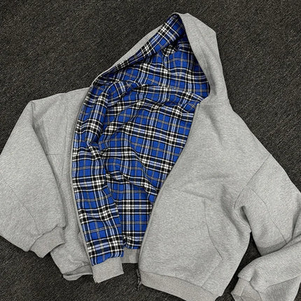 Winter Casual Plaid Print Hoodie Women's Warm Zip-Up Double-Sided Wear Sweatshirt Female Fashion Trendy Loose Hooded