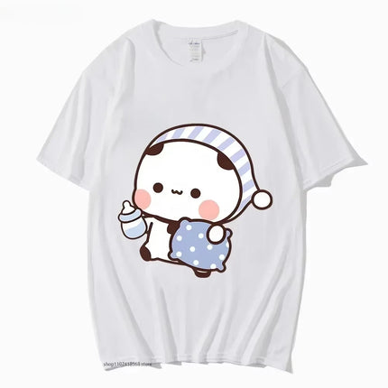 Couple T-shirt Cute BuBu Panda Going to Sleep with DuDu Bear Graphic T-shirt Women Clothes Sleeve Tops Women's Clothing