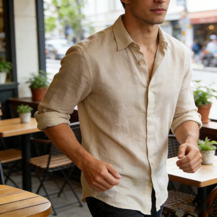 2026 Men's New Linen Long Sleeve Shirt Solid Color 3D Printed White Shirt Hawaiian Fishing Long Sleeve Soft Men's Fast Shipping