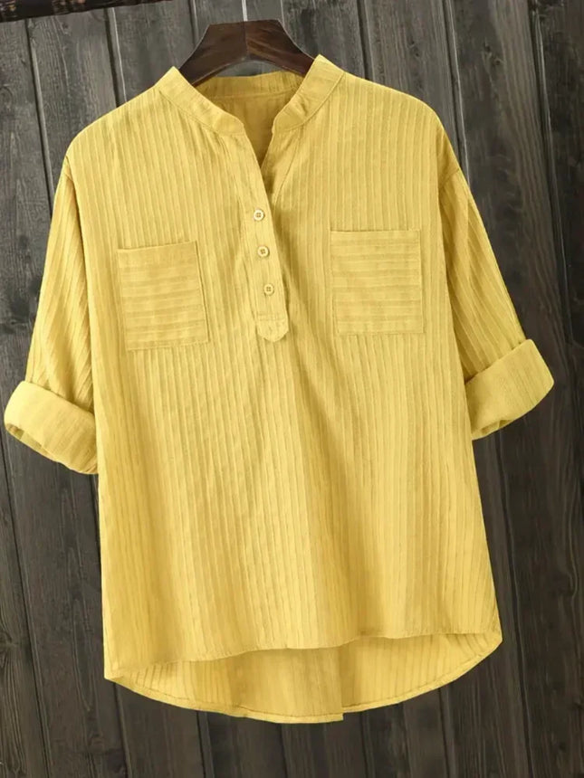 Plus Size Women's Shirts 2025 New Korean Style Loose Cotton Blouse Casual Mujer Office Long Sleeve Vertical V-neck Tops