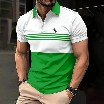 Business men's polo shirt, summer casual short-sleeved T-shirt with top striped pattern button print, loose clothing fashion polo