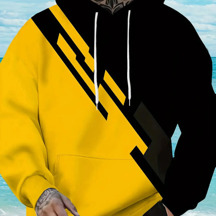 Men's Stylish Color-Blocked Hooded Sweatshirt | Trendy Black & Yellow Sportswear for Fall/Spring | Fashion Loose Fit Casual Top
