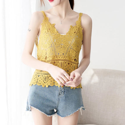 Simple Lace Hollow out Tank Top Women's Korean Sle Summer Outerwear Hoodie ort Sve Commute Sle  Color