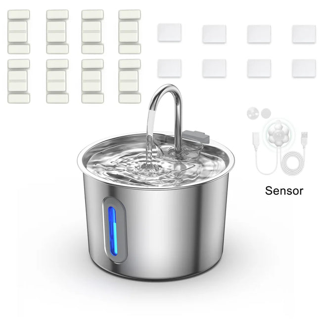 Stainless steel automatic pet water dispenser, 74 ounces/2.2 liters, with water level window for easy viewing of water level