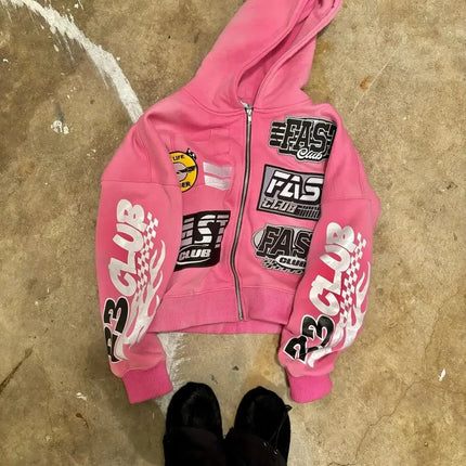 New Motorcycle Style Harajuku Women Letter Printed Hoodie Retro Gothic High Street Men and Women Casual Loose Zipper Sweatshirt