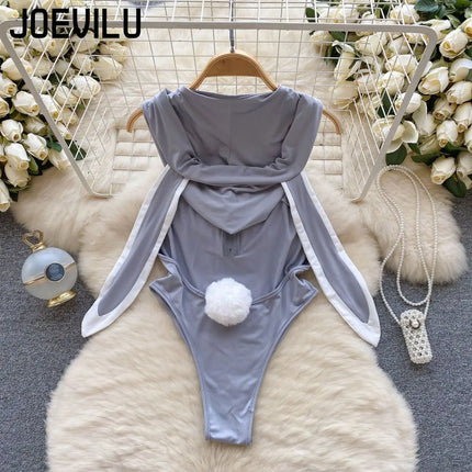JOVEILU Sexy Erotic Hooded Bodysuit Bunny Role Play Uniform Backless Ladies Secret Costume Summer Party Date Seductive Pajamas