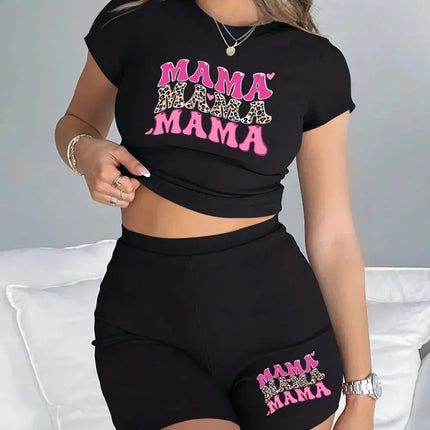 Women Slim-fit T-Shirts & Shorts 2 Pieces Interesting Collection Printing Pattern Crop Tops Fashion High Elastic Soft Clothes