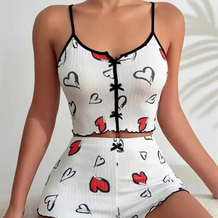 New Hot Sale Of The Season Heart Pattern Color Block Sleepwear Set with Slit in Front Strap Women's Vest Tops Non-Stitched Exte