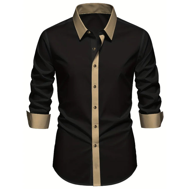 FGKKS Men Black Shirt Brand New High Street Patchwork Long Sleeve Smart Casual Elastic Man Business Dress Shirts