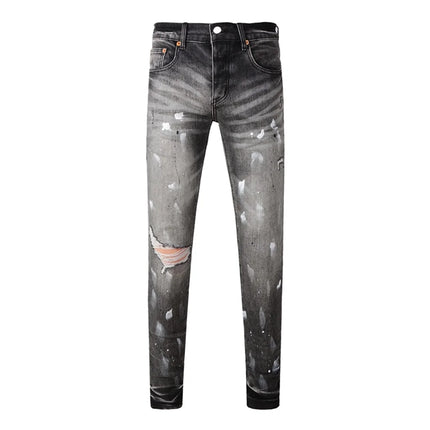 High Street Men's Jeans American Distressed Dark Black Coated Blank Stretch Skinny Button Fly Ripped Pants Trousers