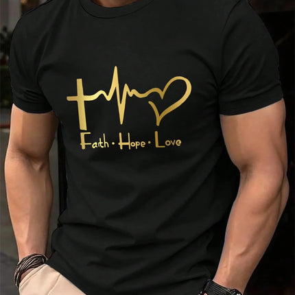 Men's Summer 100% Cotton Fashionable Casual Loose Large Size FAITH HOPE LOVE Printed Sports Round Neck Short Sleeve T-shirt Top