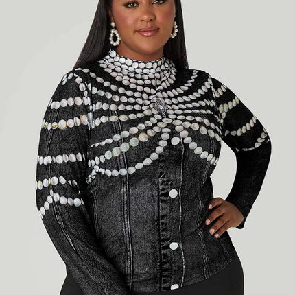 Tops Plus Size Woman Autumn Cute Long Sleeve Top Beads Printed Round Neck High Waist Shirts and Blouses Wholesale Dropshipping