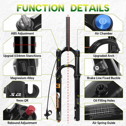 BUCKLOS 26/27.5/29Inch MTB Air Fork 9*100mm 140mm Travel Mountain Bike Front Fork 34mm Tube Bicycle Air Suspension Fork