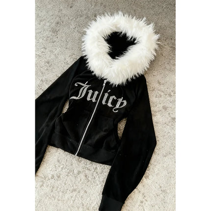 Subculture Y2K new fur collar cardigan sweatshirt zipper jacket European and American letter hot stamping retro sweatshirt jacke