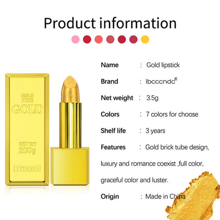 Glitter Sexy Lipstick Shimmer Gold Lipstick Long Lasting Waterproof Cosmetic Gold Brick Tube Valentine's Day Gift For Woman