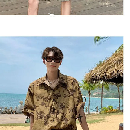 Loose Straight Leg Five-Quarter Beach Pants or Short Sleeve Printed Shirt Beach Travel Men's Fashion Floral Patterned Two-Piece Set