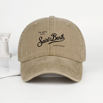 Saint Barth "The Place To Be" Print Washed Baseball Cap Adjustable Unisex Summer Vacation Sun Hat