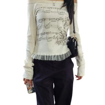 Y2K Aesthetic Fairy Off Shoulder Tops Women Long Sleeve Music Note Print Slim Fitted T-Shirt Ruffle Blouse Clothes