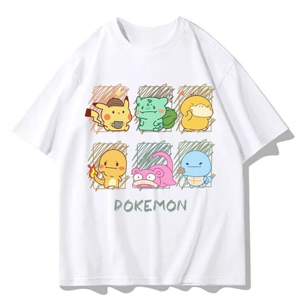 2026 Summer Pokemon Cute Starters Group Print T-Shirt, 100% Cotton Loose Oversized Couple & Family Tee for Travel Game & Sports