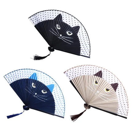 1 pcs Exiquisite Cat Patterns Summer Gift Cartoon Bamboo Wooden Folding Fan Fan Crafts Silk Fan Home Decoration
