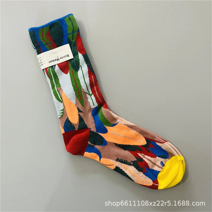 Bonne Maison French Small Batch Women's Fun Oil Painting Style Mid-Calf Cotton Dopaamine Colorful Socks Moisture Wicking Sweat