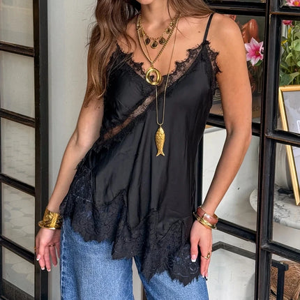 Asymmetrical Backless Spaghetti Strap Tank Cami Shirts Sexy V Neck Silk Camisole Tops Women Coquette Lace Trim Satin Tank Top
