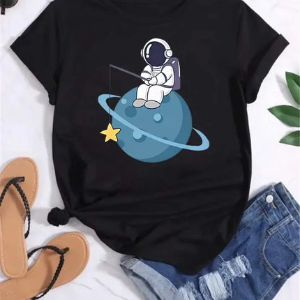 Women Moon Planet Print Fashion Tee Shirts Casual Round Neck Short Sleeve Streetwear Female T-Shirt Vintage Tops