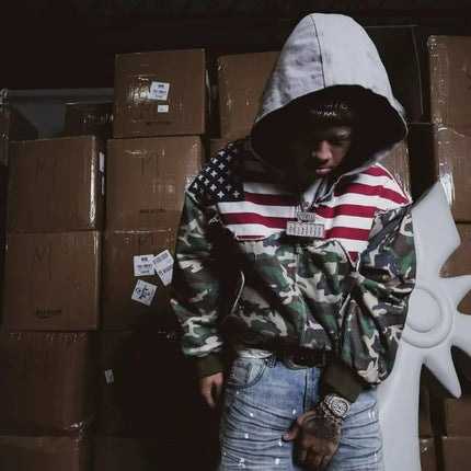 Y2K Retro Distressed Zip Up Coat Men's Streetwear Camouflage USA Flag Patchwork Hooded Jacket Fashion Hip Hop Unisex Sweatshirt
