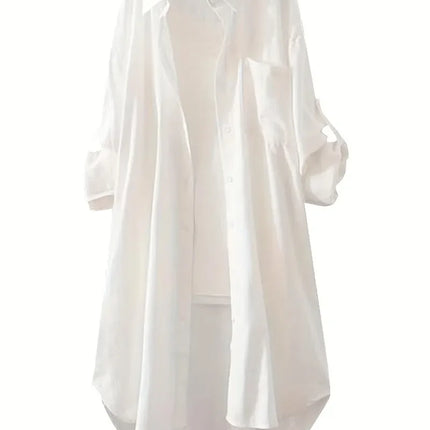 Plus Size 1XL-5XL Casual Blouse Women's Plus Solid Button Up Roll Up Sleeve Slight Stretch Blouse