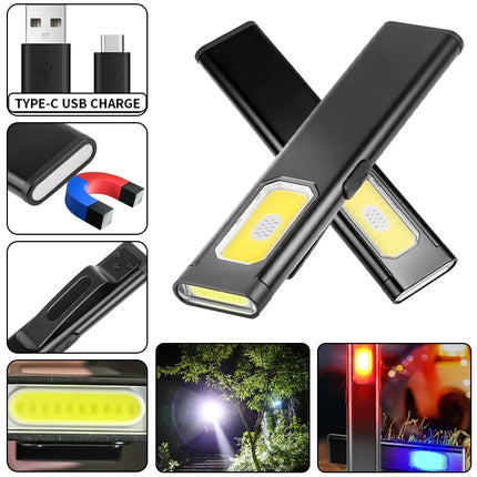 New Portable Aluminum alloy COB LED Flashlight with Magnetic Tail, USB Charging and Clip for Outdoor Work Light Hiking and campi