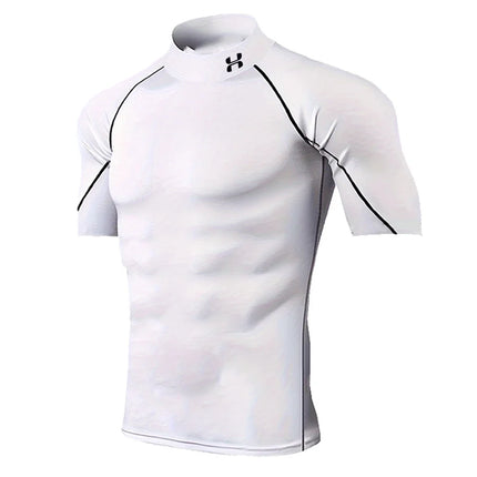 Men's Geometric Print Compression Shirt Quick-Drying Breathable Gym Workout T-Shirt Stretch Turtle Neck Training T-Shirt Tops