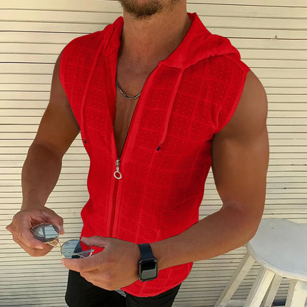 5 colors available for men's hooded sleeveless zipper plaid men's sportswear Slim fit breathable men's casual breathable shirt