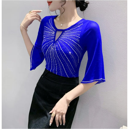 2025 Spring Summer Mesh Tops Korean Fashion Diamond T Shirt Slim 3/4 Sleeve Hollow Out Casual Women Shirt