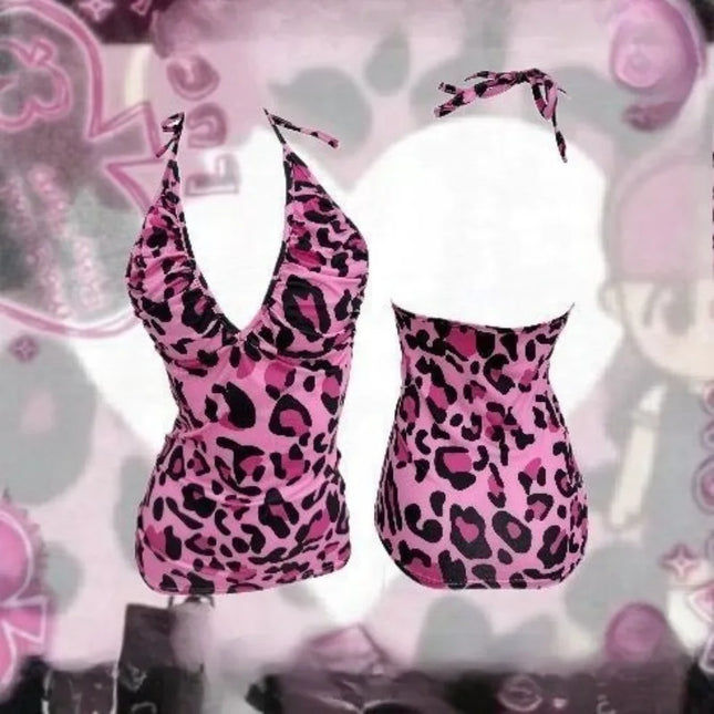 Kimotimo Y2k Street Pink Leopard Print V-Neck Halter Camisole Women's Sexy Backless Slim Fit Waist Tank Top Spicy Girls Chic Vest