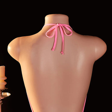 See Through Pink Sexy Women's Tight Mesh Dress Temptation Backless Shoulder Strap Hollow Out Bodysuit Skirt Erotic Clothing