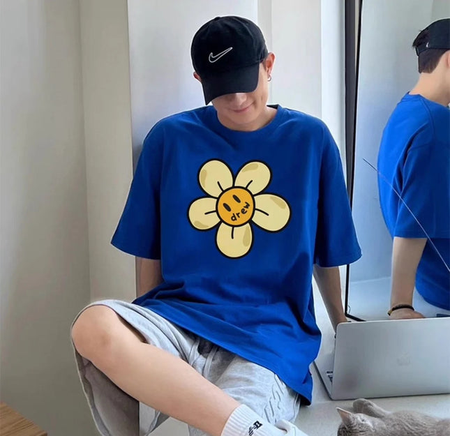 Drew House New Men's Clothing Flower Printed Logo T Shirt Men's and Women's Printed Loose Short Sleeve T-Shirt Ropa Hombre