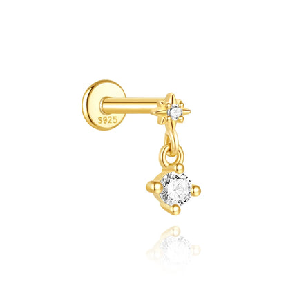 CANNER 1Pc 925 Silver Smooth Stars Moon Stud Earrings For Women 18K Gold Flat Head Threaded Puncture Ear Bone Ins Fine Jewelry